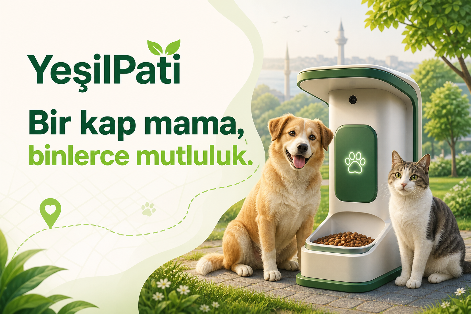 YeşilPati akıllı mama istasyonunun yanında bir köpek ve kedi